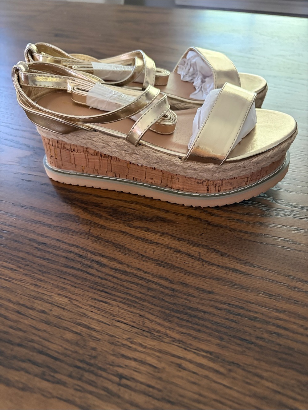 PrettyLittleThing Metallic Gold Cork Espadrille Platform Sandals Size 39